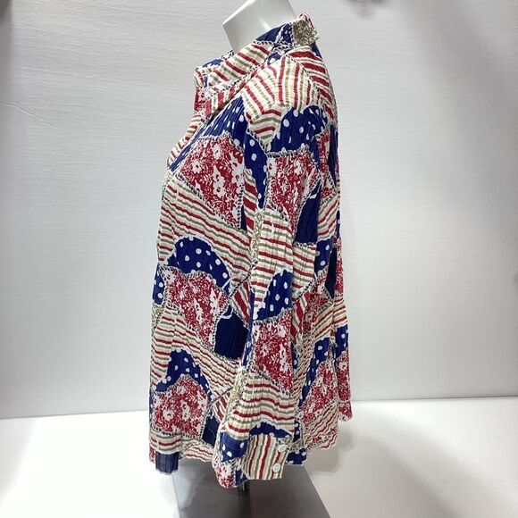 CJ Banks Colorful Patterned Blouse Crinkled Button Front Collar 1X Mid Sleeve - Picture 5 of 14